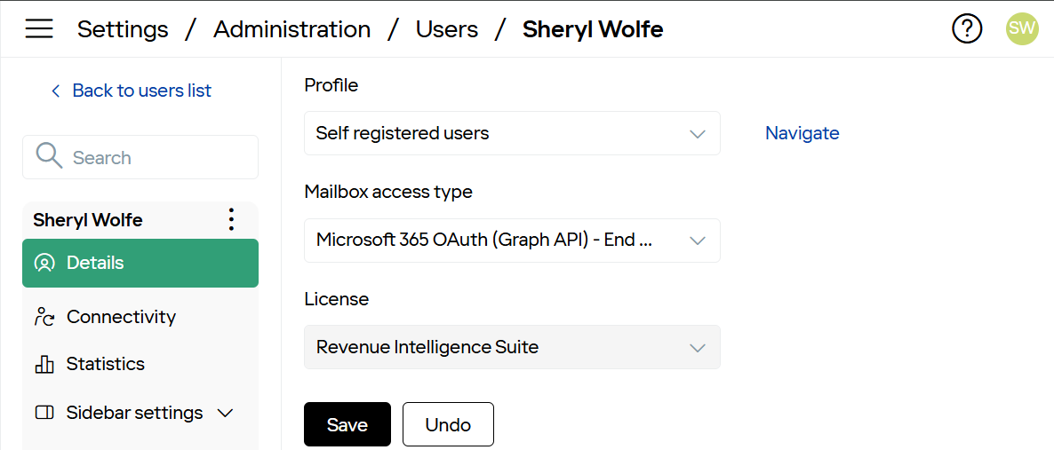 Profile, Mailbox access type and License fields on the user Details page